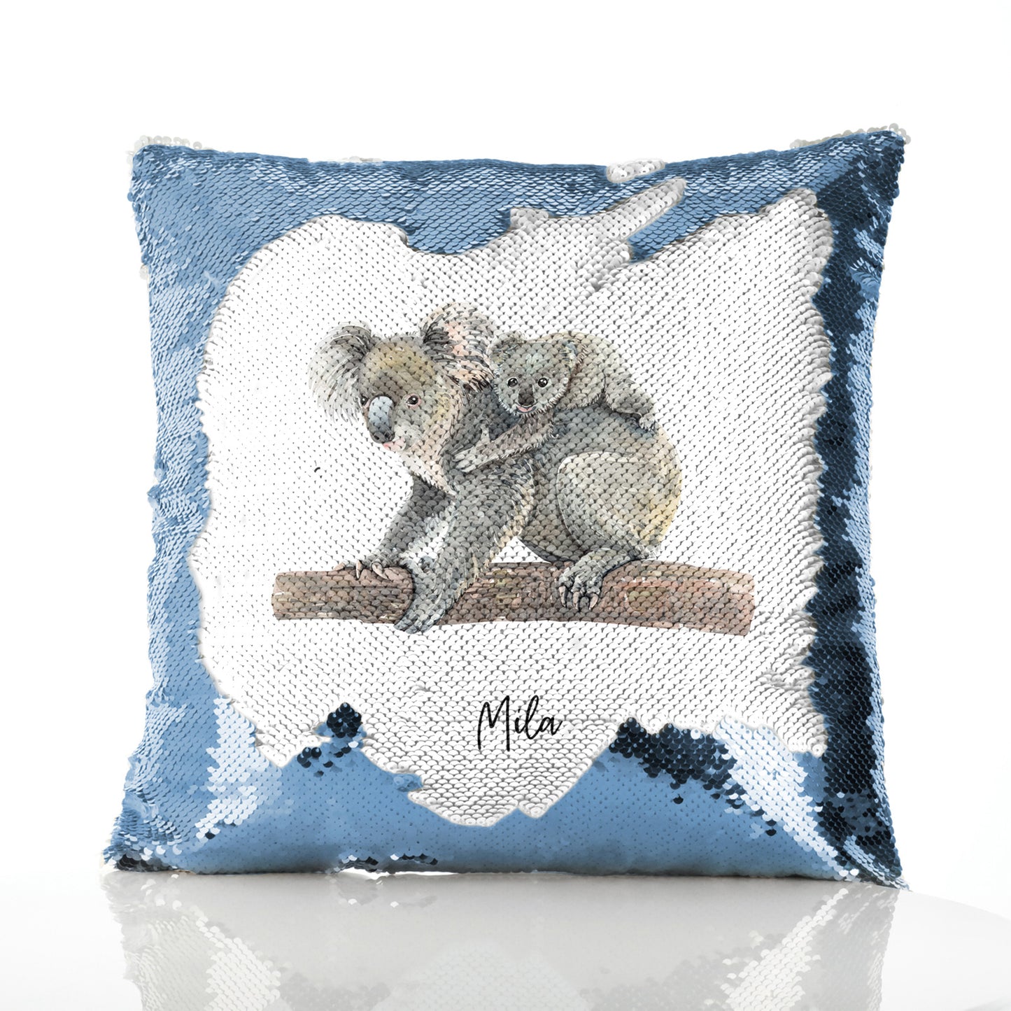 Personalised Sequin Cushion with Welcoming Text and Embracing Mum and Baby Koalas