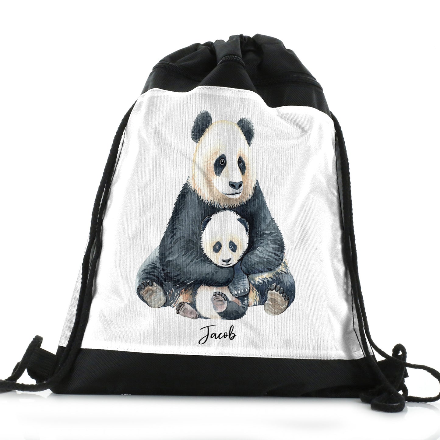Personalised Drawstring Backpack with Welcoming Text and Relaxing Mum and Baby Pandas