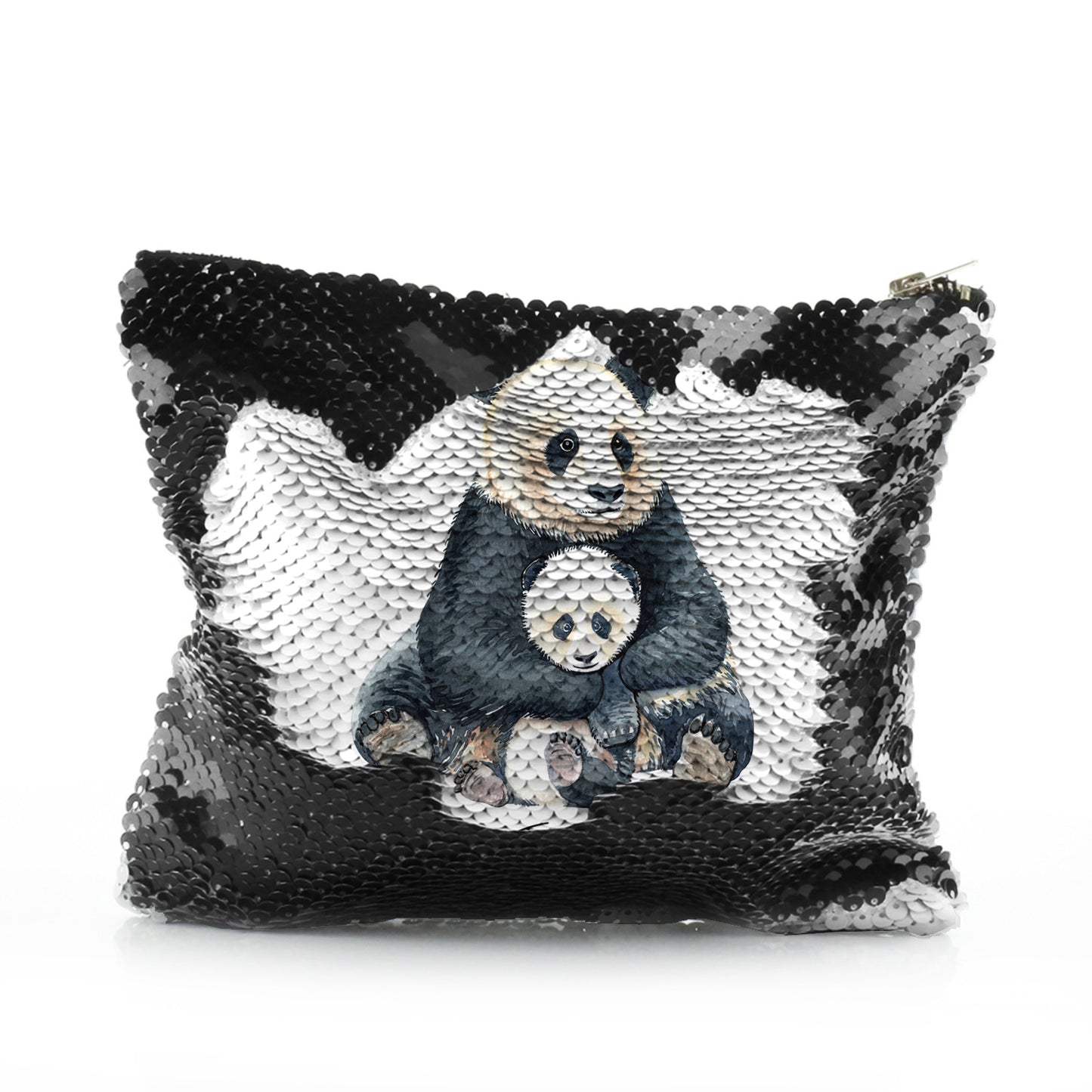 Personalisierte Pailletten-Reißverschlusstasche mit Begrüßungstext und entspannenden Mama- und Baby-Pandas