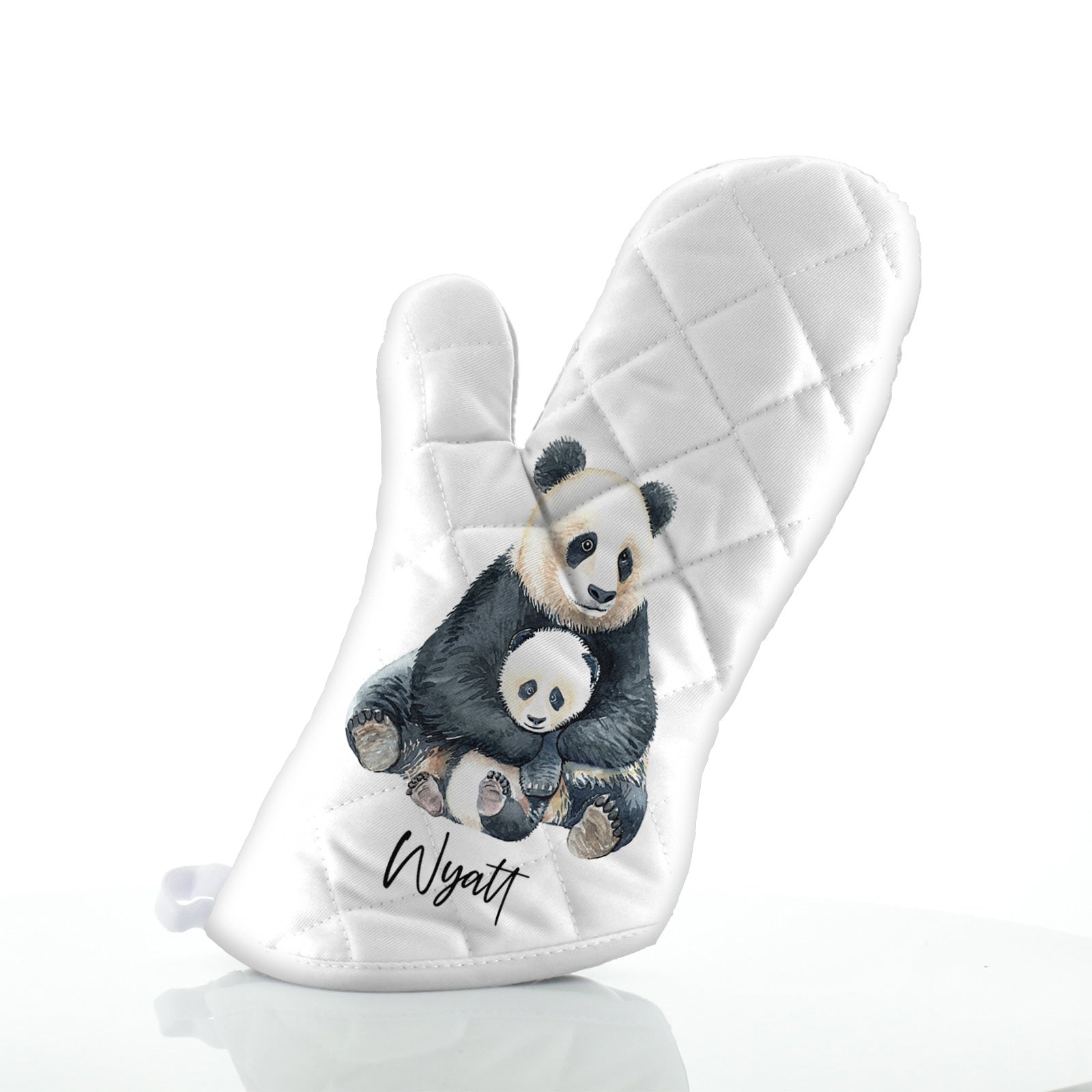 Personalised Oven Glove with Welcoming Text and Relaxing Mum and Baby Pandas