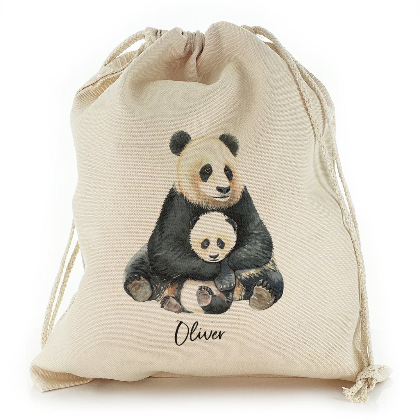 Personalised Canvas Sack with Welcoming Text and Relaxing Mum and Baby Pandas