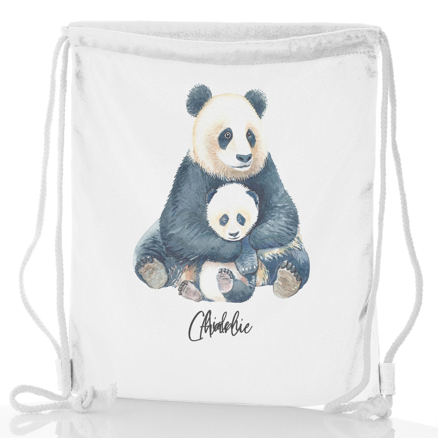 Personalised Glitter Drawstring Backpack with Welcoming Text and Relaxing Mum and Baby Pandas