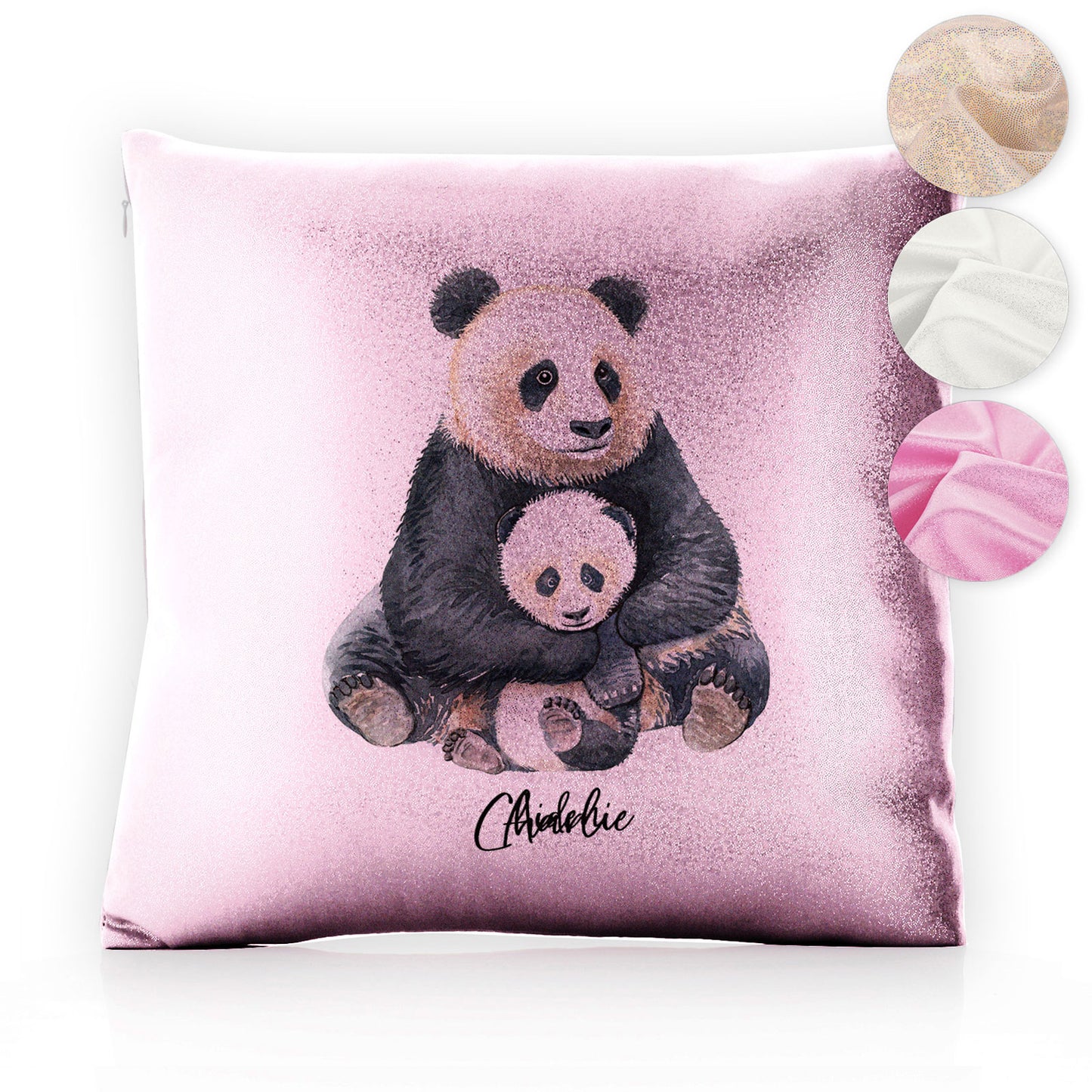 Personalised Glitter Cushion with Welcoming Text and Relaxing Mum and Baby Pandas
