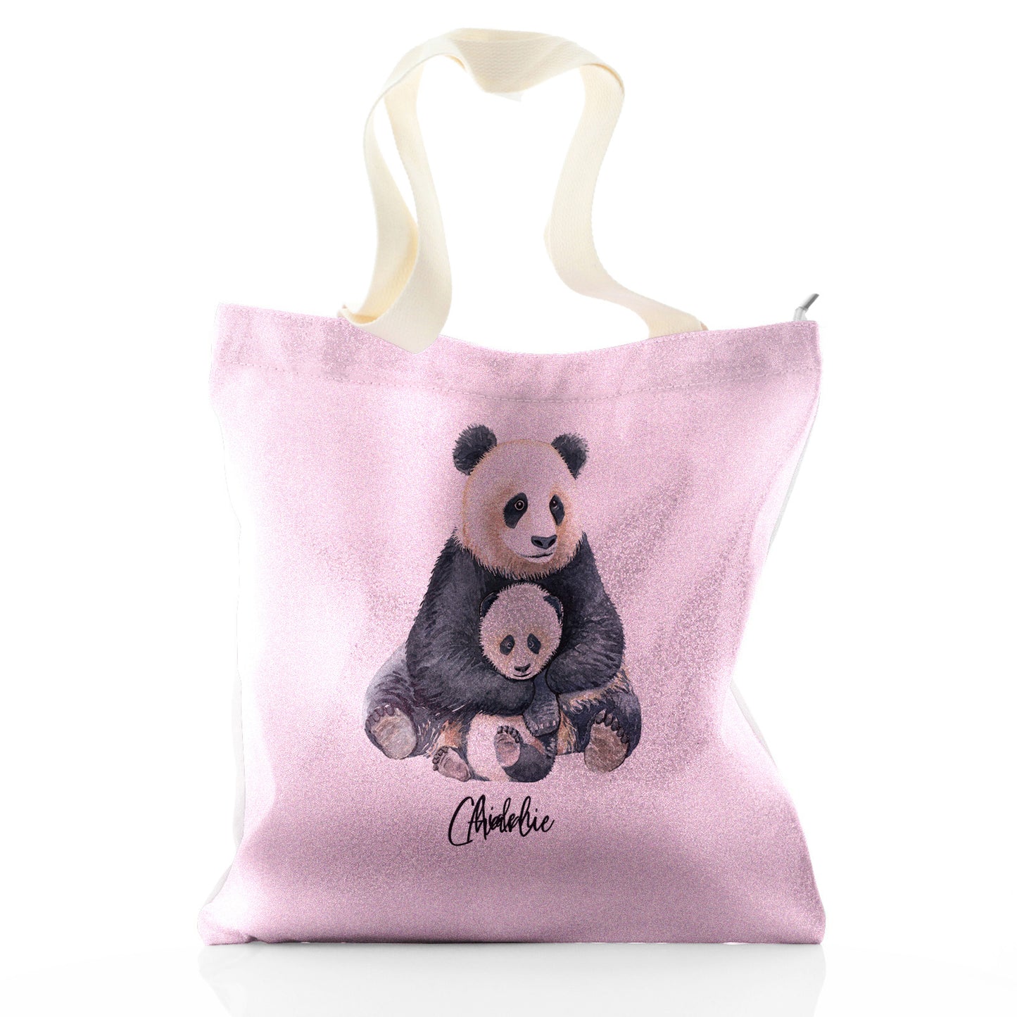 Personalisierte Glitzer-Einkaufstasche mit Begrüßungstext und entspannenden Mama- und Baby-Pandas