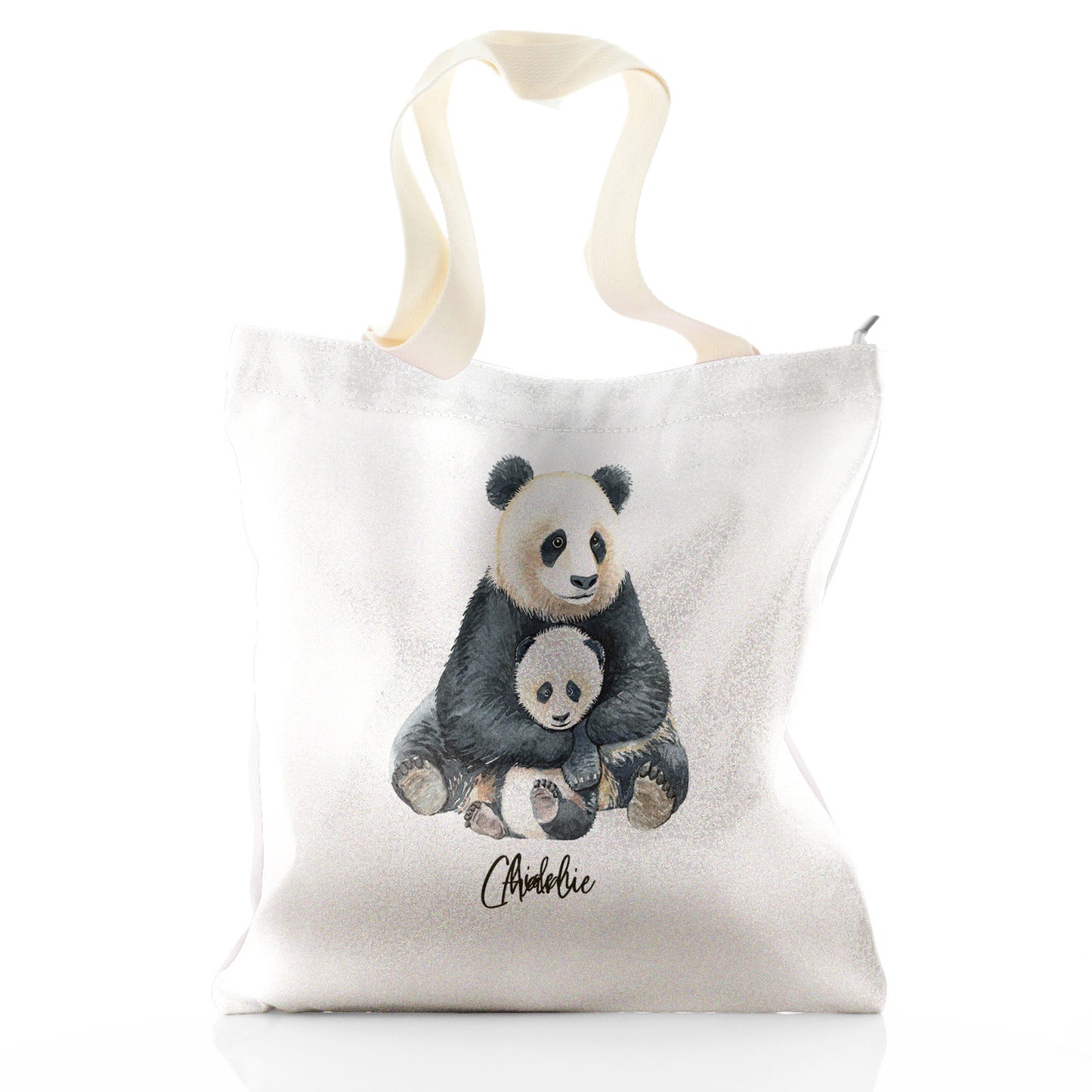 Personalisierte Glitzer-Einkaufstasche mit Begrüßungstext und entspannenden Mama- und Baby-Pandas
