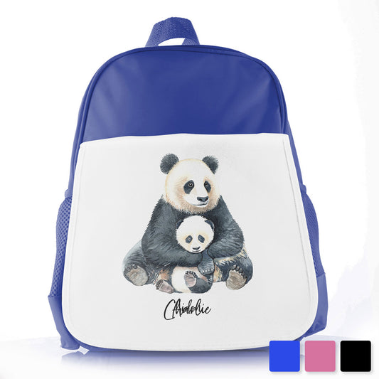 Personalised School Bag/Rucksack with Welcoming Text and Relaxing Mum and Baby Pandas