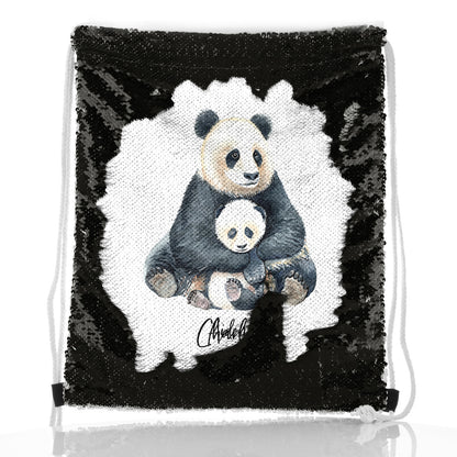 Personalisierter Pailletten-Rucksack mit Kordelzug, Begrüßungstext und entspannenden Mama- und Baby-Pandas