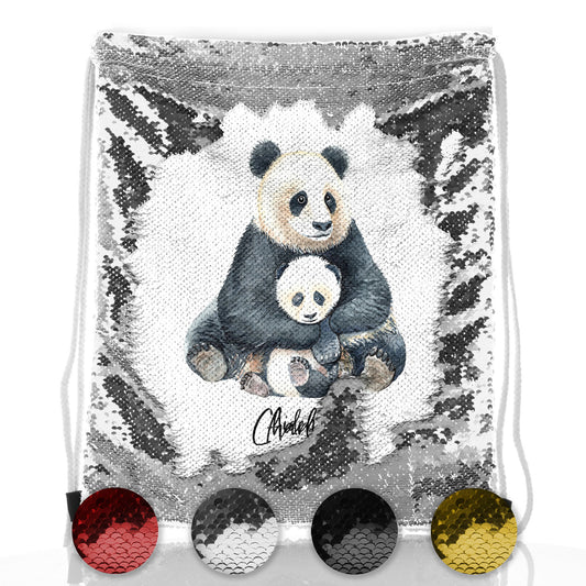 Personalised Sequin Drawstring Backpack with Welcoming Text and Relaxing Mum and Baby Pandas