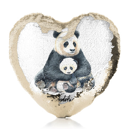 Personalisiertes Pailletten-Herzkissen mit Begrüßungstext und entspannenden Mama- und Baby-Pandas