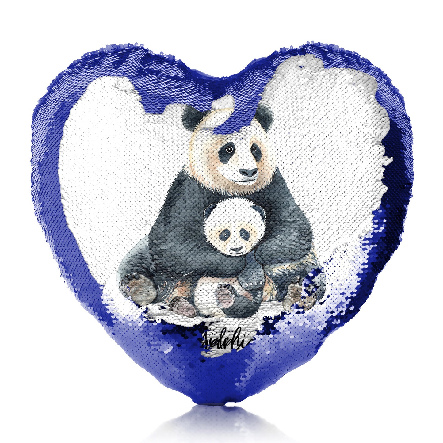 Personalisiertes Pailletten-Herzkissen mit Begrüßungstext und entspannenden Mama- und Baby-Pandas