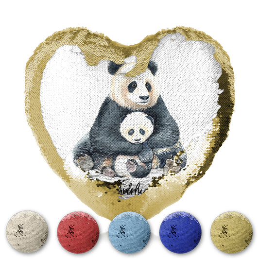 Personalised Sequin Heart Cushion with Welcoming Text and Relaxing Mum and Baby Pandas