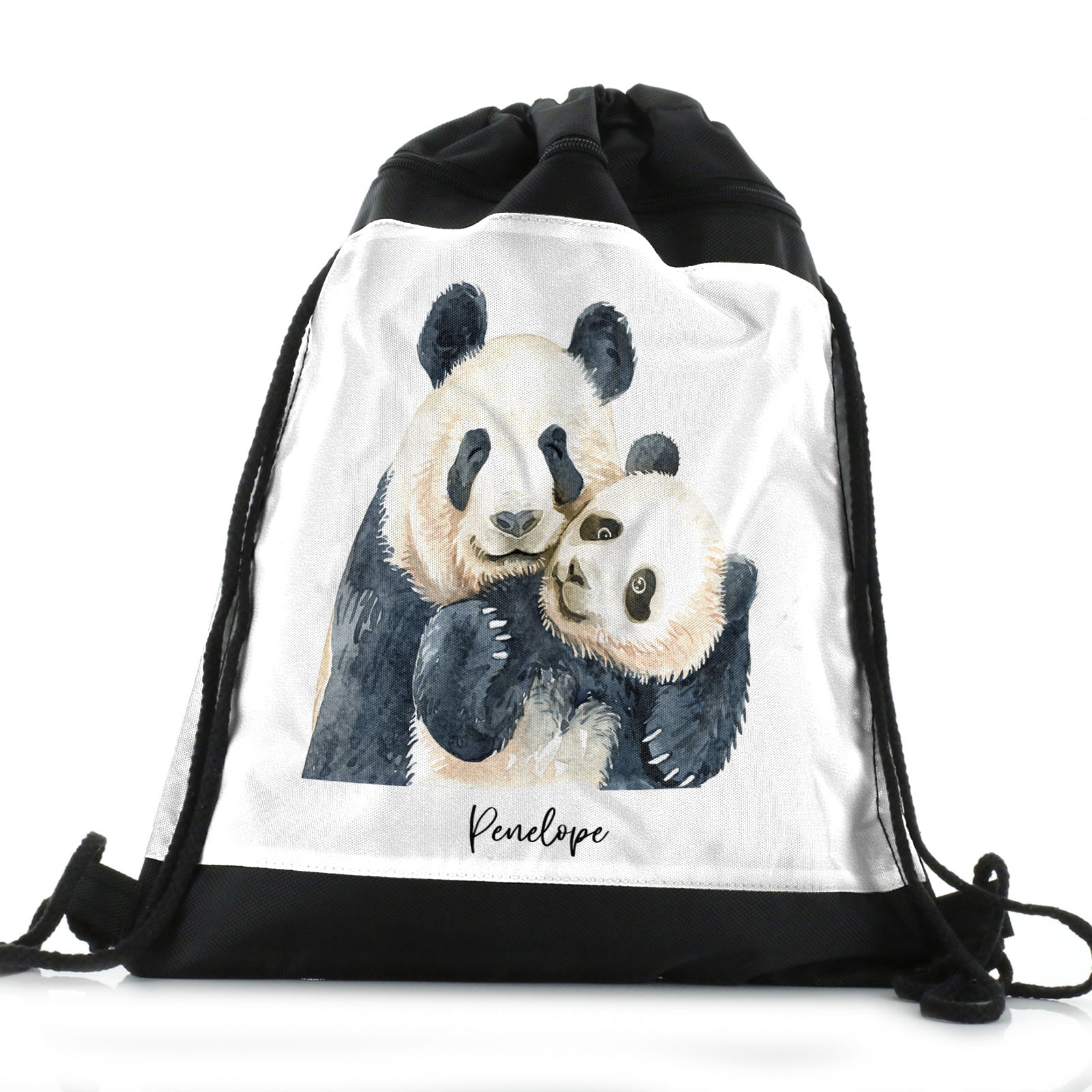 Personalised Drawstring Backpack with Welcoming Text and Embracing Mum and Baby Pandas