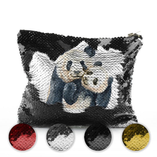 Personalised Sequin Zip Bag with Welcoming Text and Embracing Mum and Baby Pandas