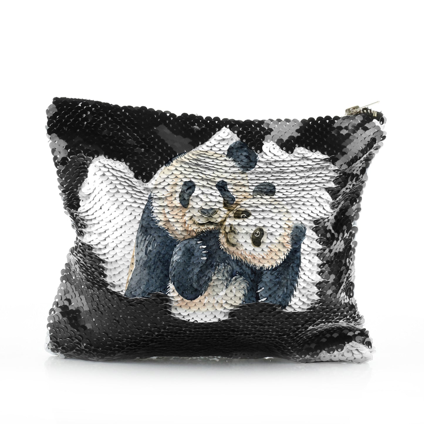 Personalisierte Pailletten-Reißverschlusstasche mit Begrüßungstext und umarmenden Mama- und Baby-Pandas