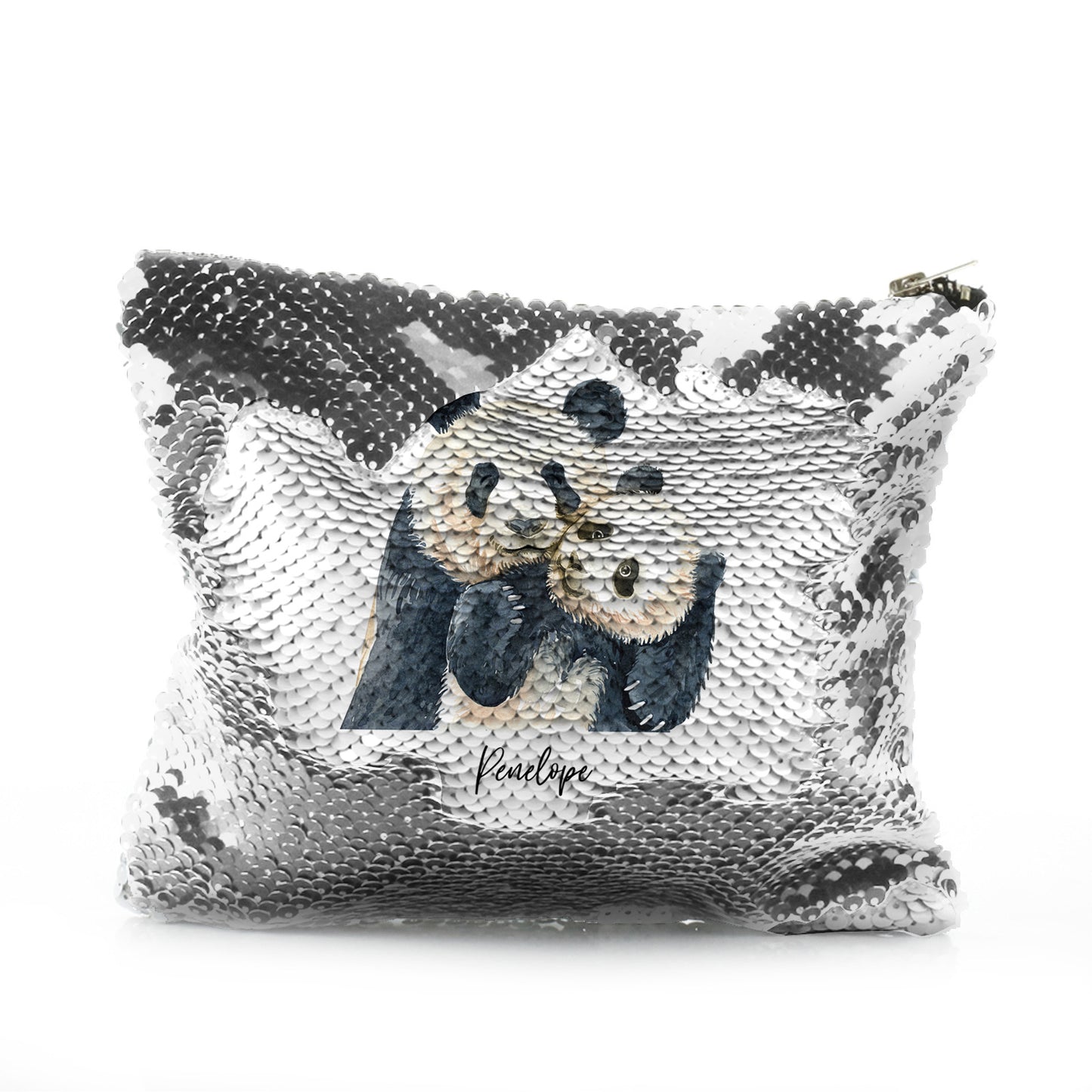 Personalisierte Pailletten-Reißverschlusstasche mit Begrüßungstext und umarmenden Mama- und Baby-Pandas