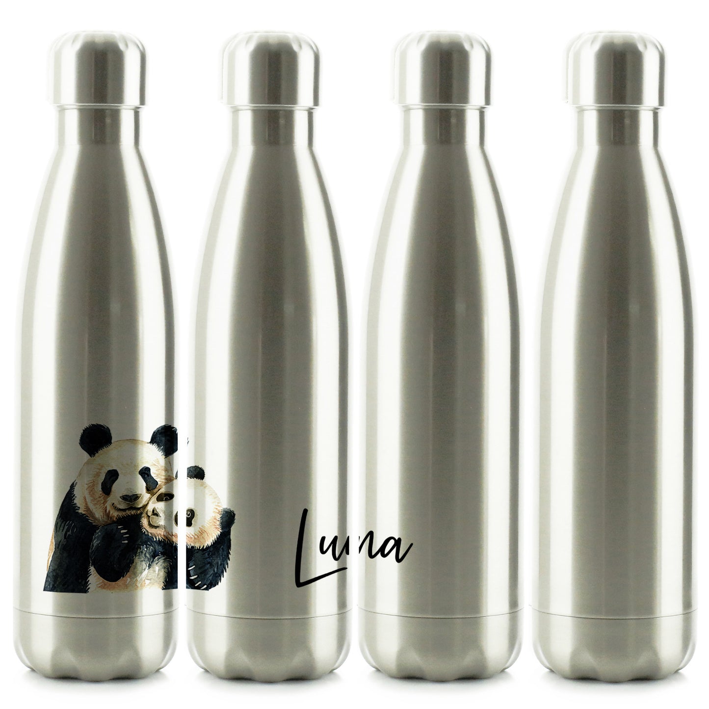 Personalisierte Cola-Flasche mit Begrüßungstext und umarmenden Mama- und Baby-Pandas