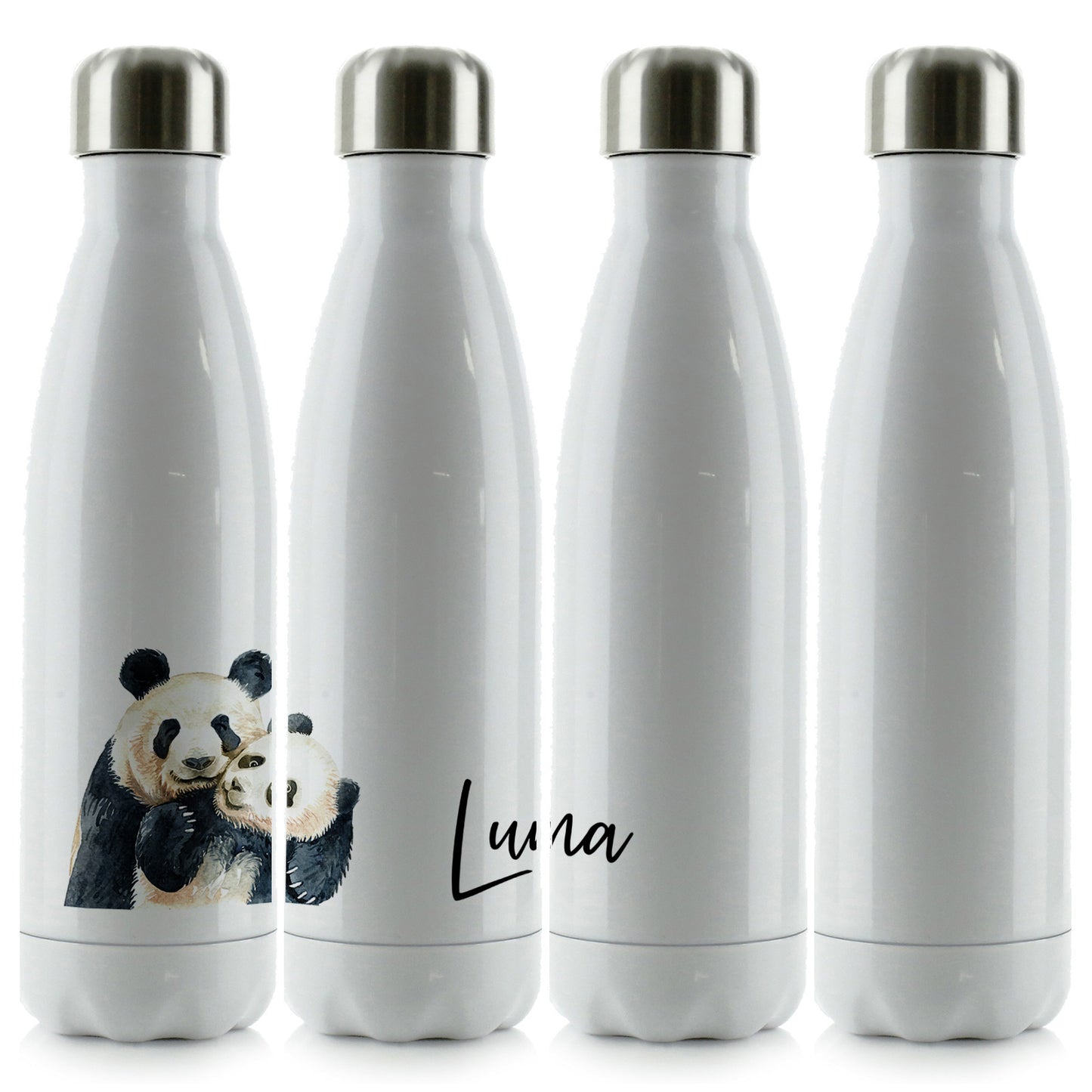 Personalisierte Cola-Flasche mit Begrüßungstext und umarmenden Mama- und Baby-Pandas