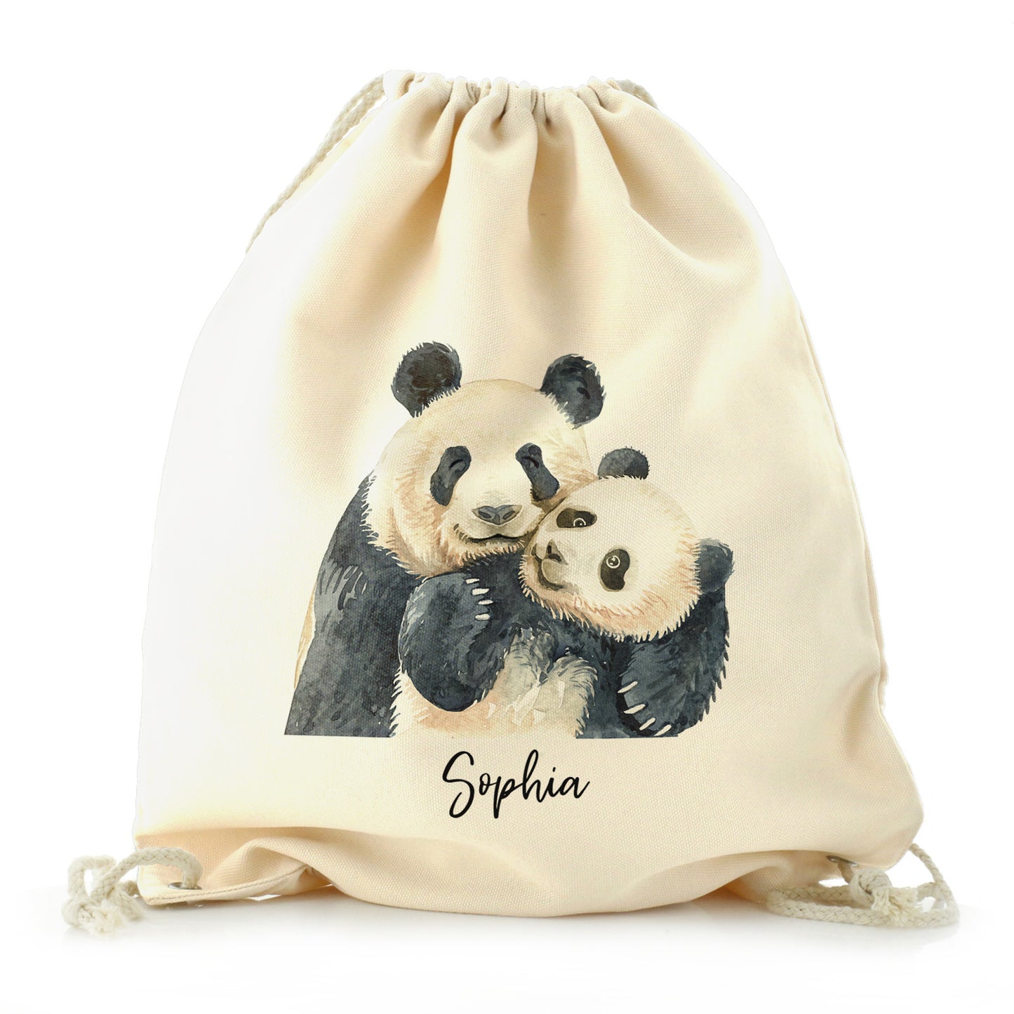Personalised Canvas Drawstring Backpack with Welcoming Text and Embracing Mum and Baby Pandas