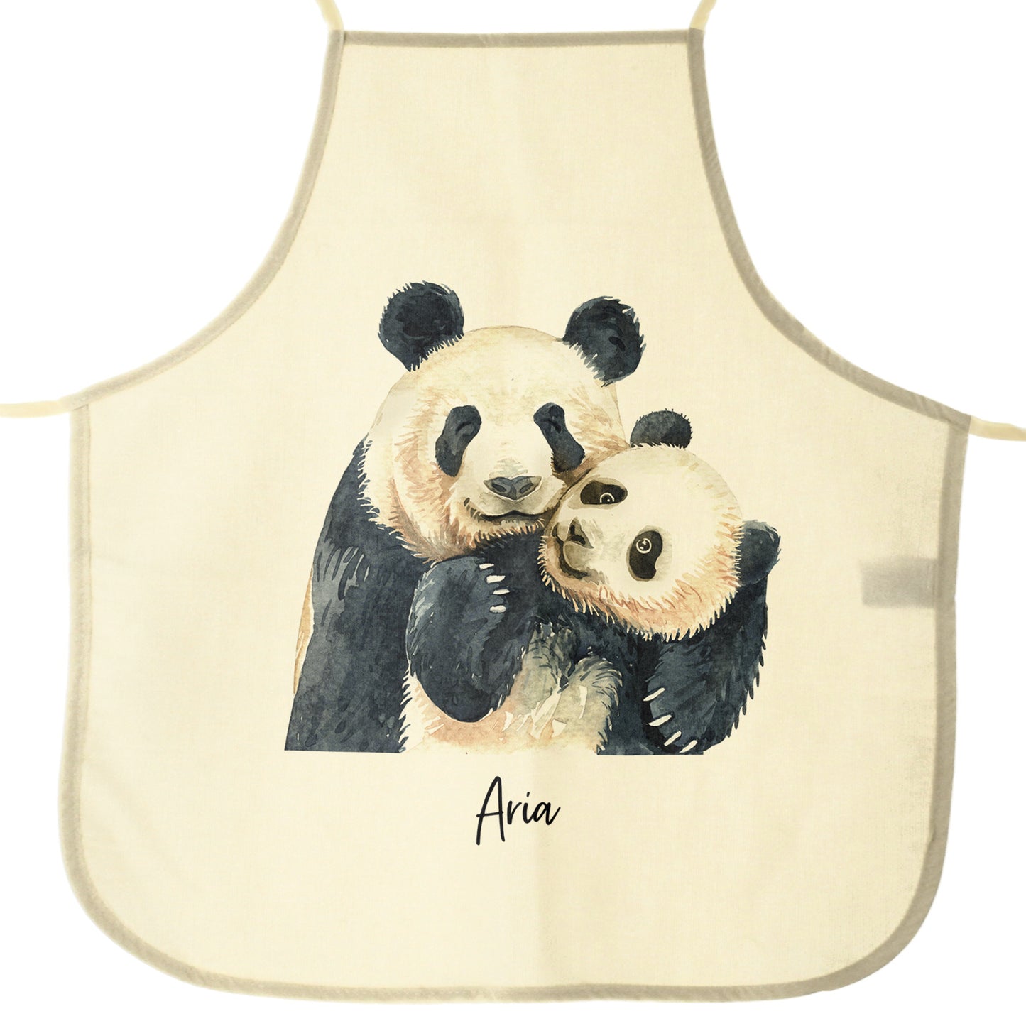 Personalisierte Schürze mit Begrüßungstext und umarmenden Mama- und Baby-Pandas