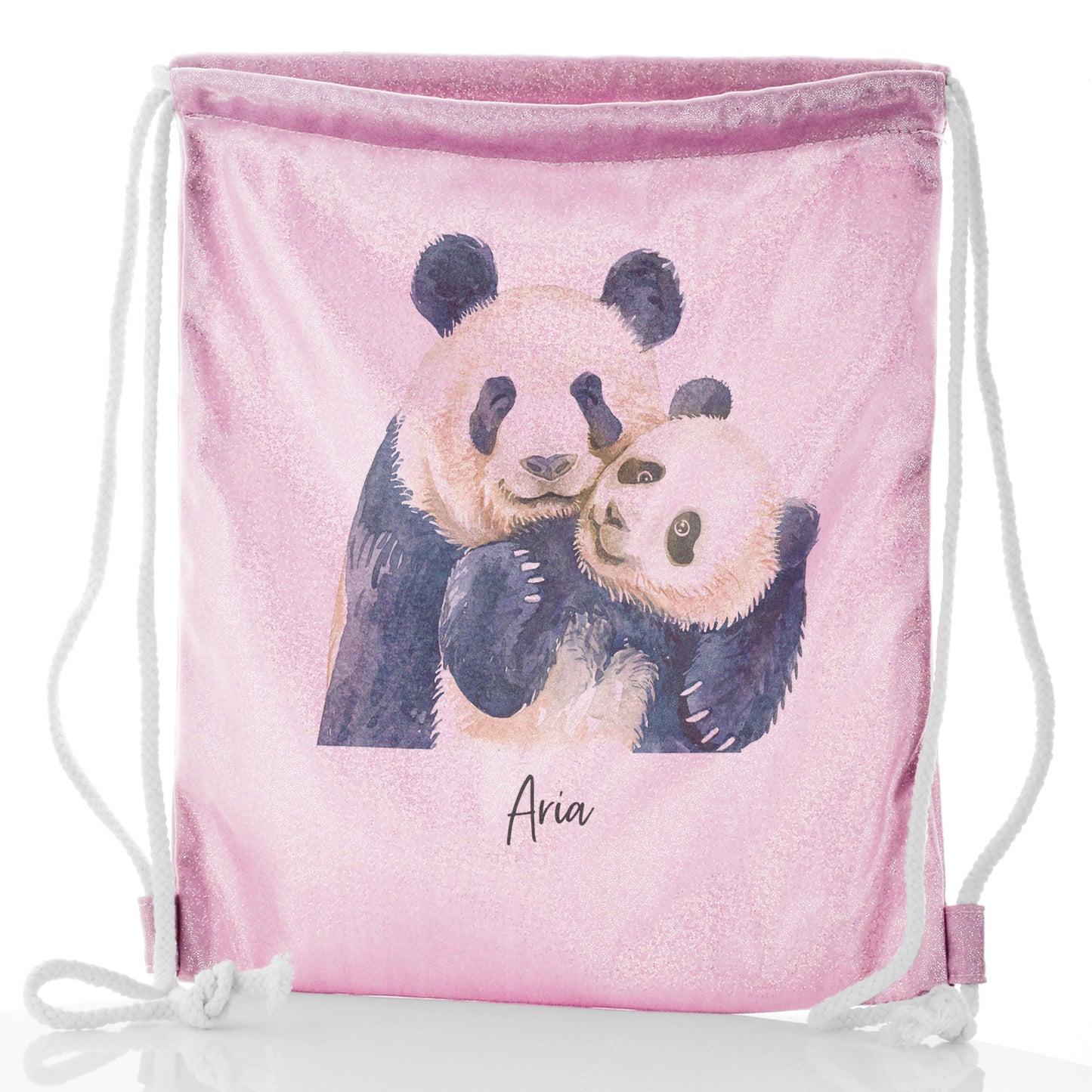 Personalised Glitter Drawstring Backpack with Welcoming Text and Embracing Mum and Baby Pandas