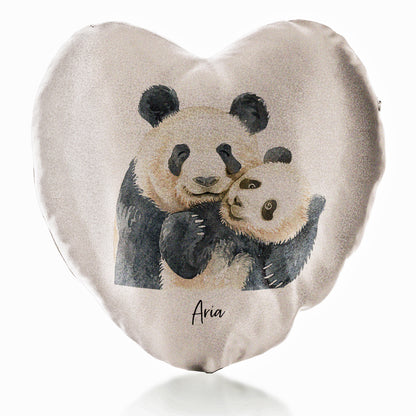 Personalised Glitter Heart Cushion with Welcoming Text and Embracing Mum and Baby Pandas