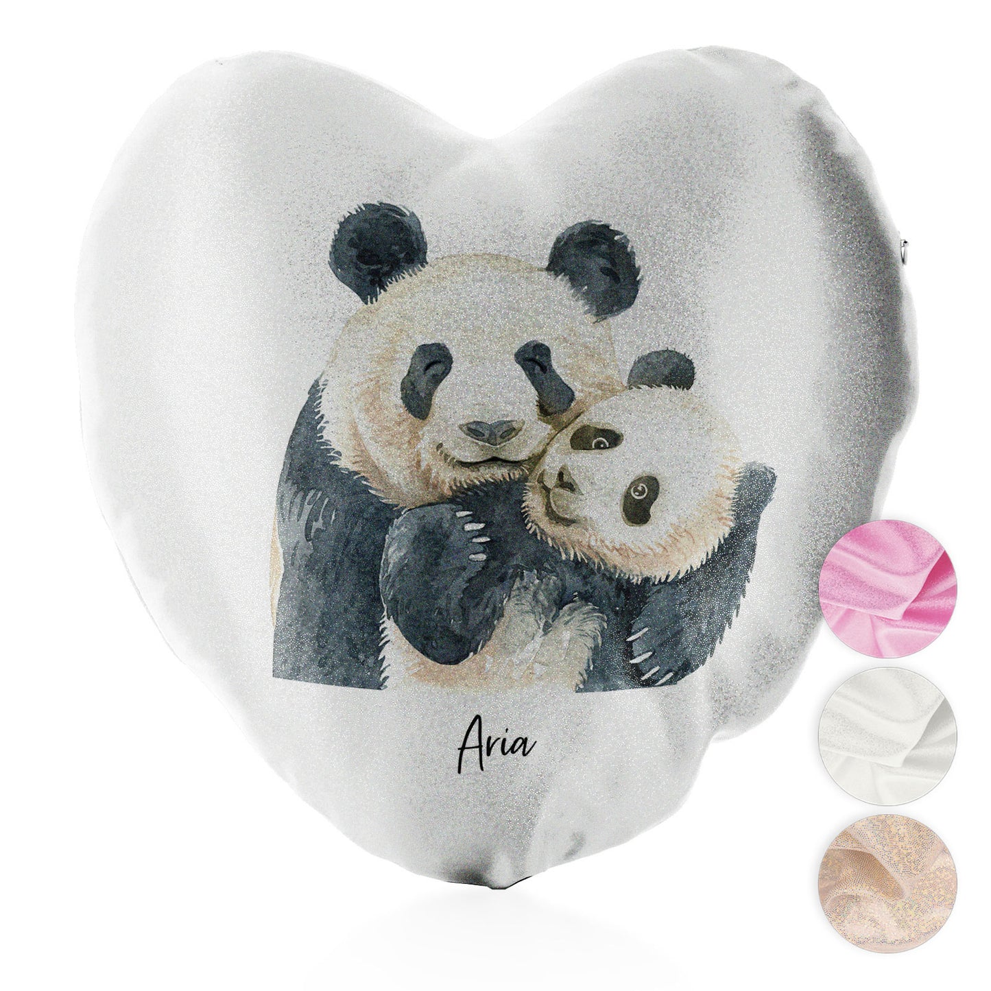 Personalised Glitter Heart Cushion with Welcoming Text and Embracing Mum and Baby Pandas