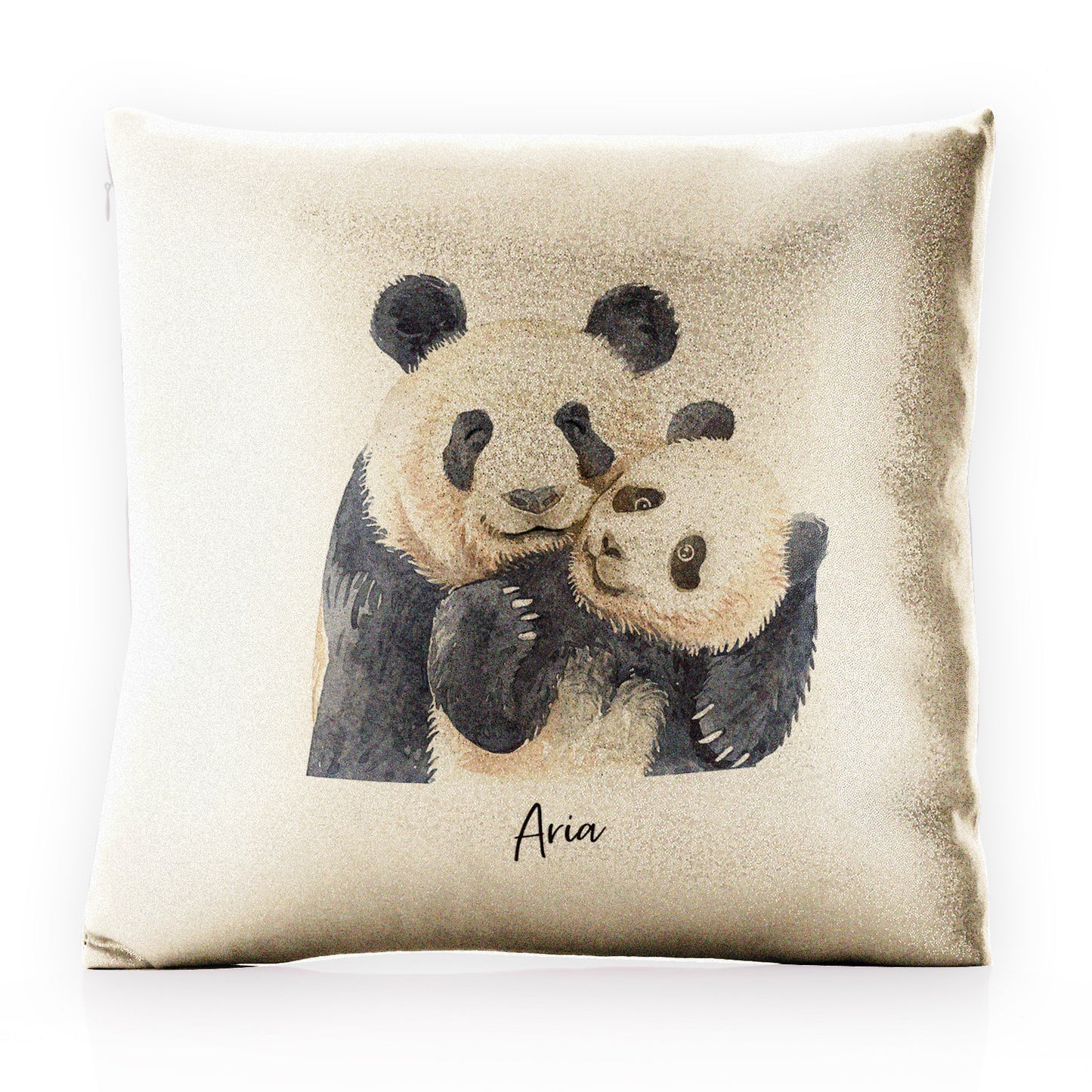 Personalisiertes Glitzerkissen mit Begrüßungstext und umarmenden Mama- und Baby-Pandas