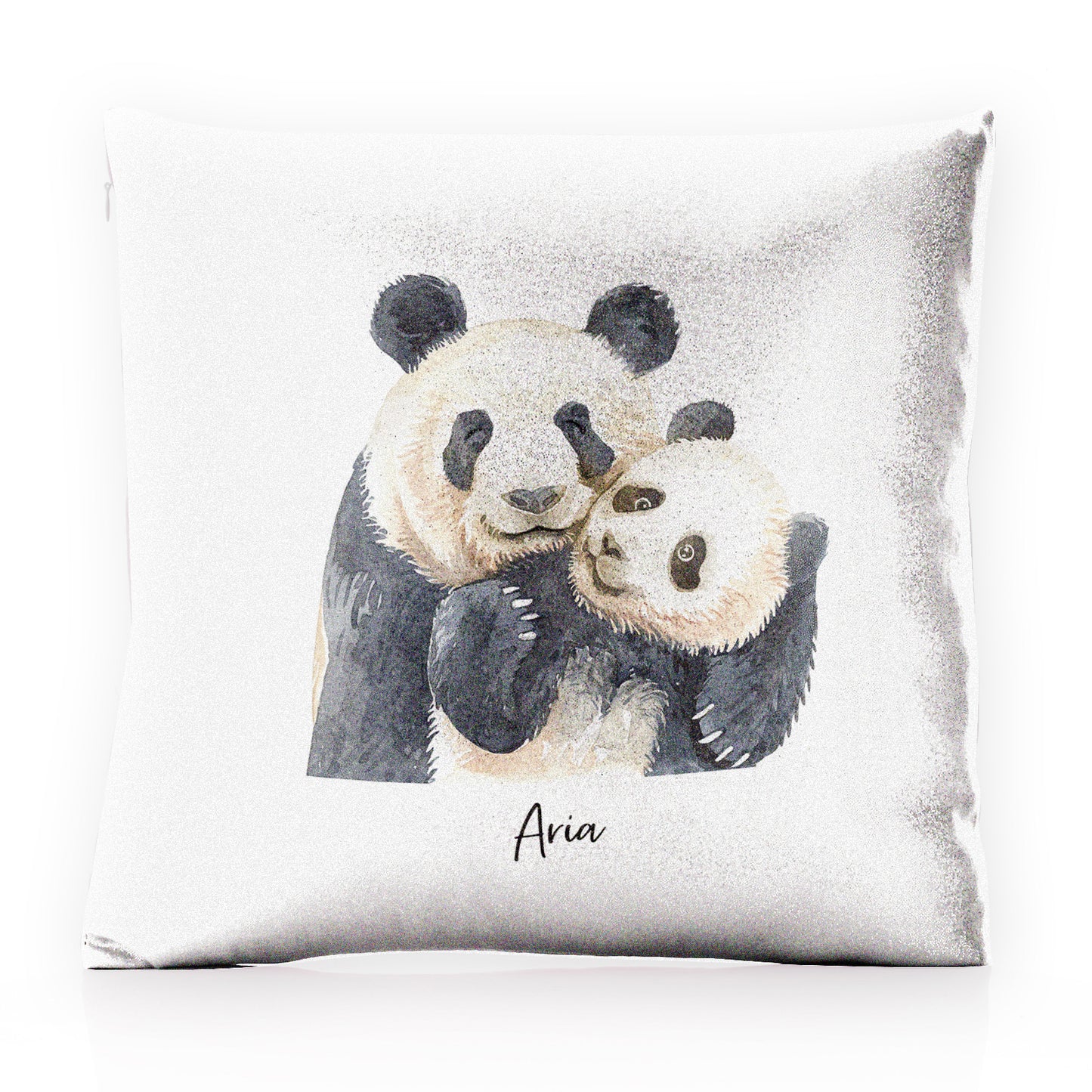 Personalisiertes Glitzerkissen mit Begrüßungstext und umarmenden Mama- und Baby-Pandas