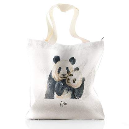 Personalisierte Glitzer-Einkaufstasche mit Willkommenstext und umarmenden Mama- und Baby-Pandas