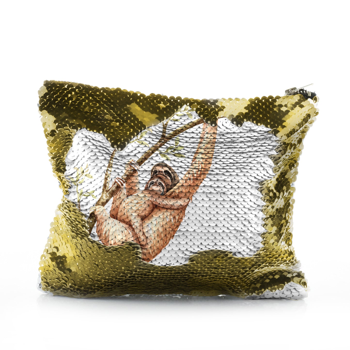 Personalised Sequin Zip Bag with Welcoming Text and Climbing Mum and Baby Sloths