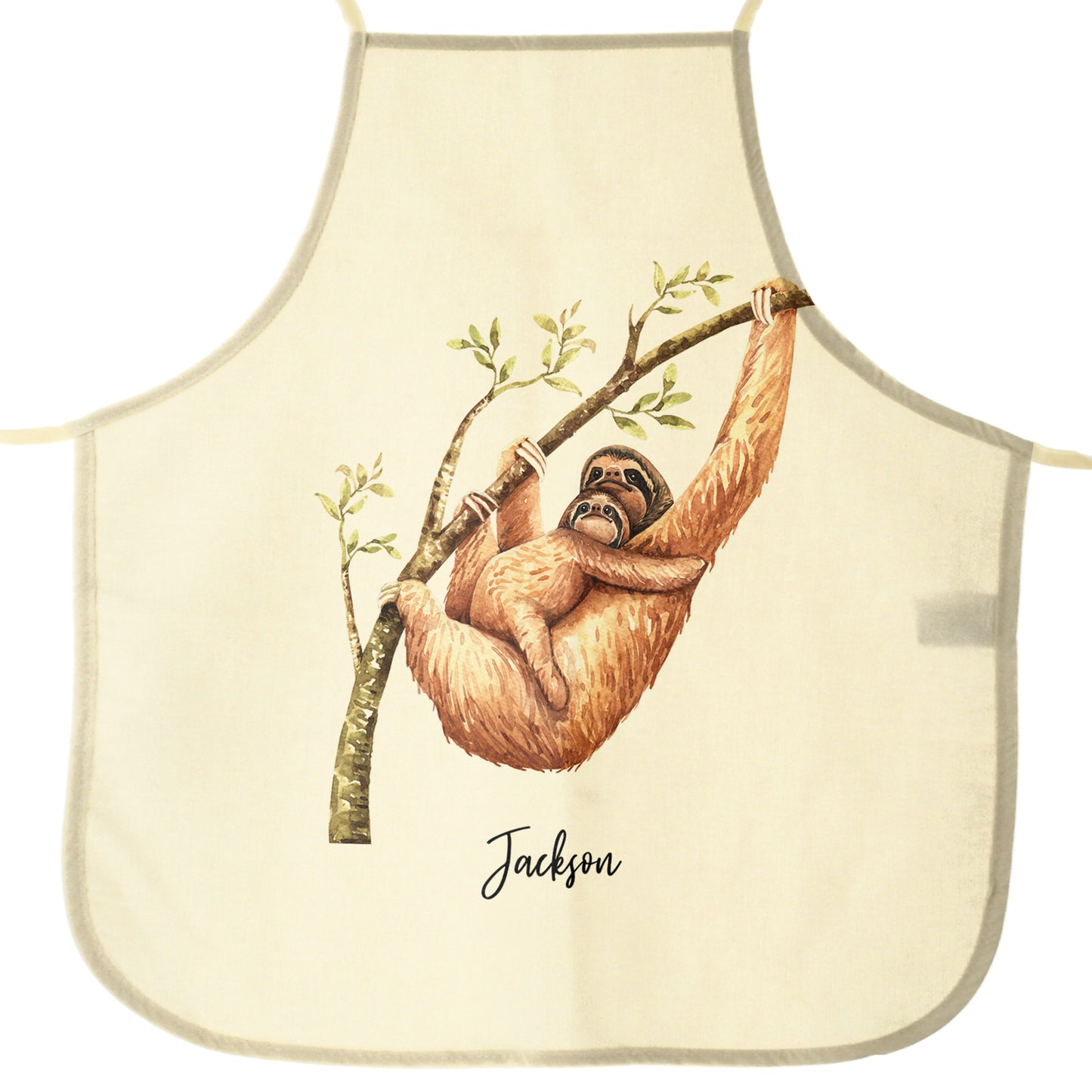 Personalised Apron with Welcoming Text and Climbing Mum and Baby Sloths