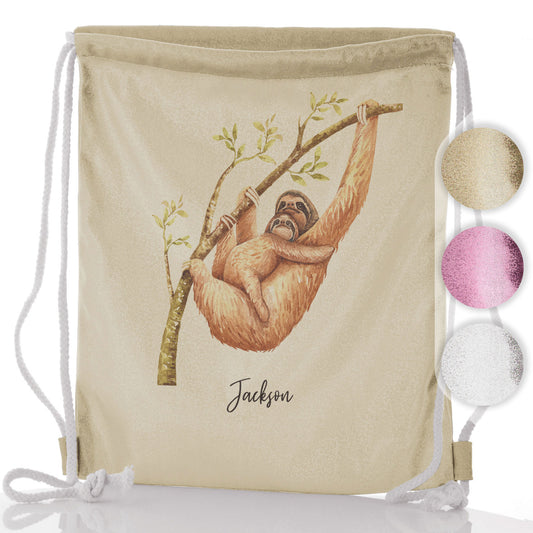Personalised Glitter Drawstring Backpack with Welcoming Text and Climbing Mum and Baby Sloths