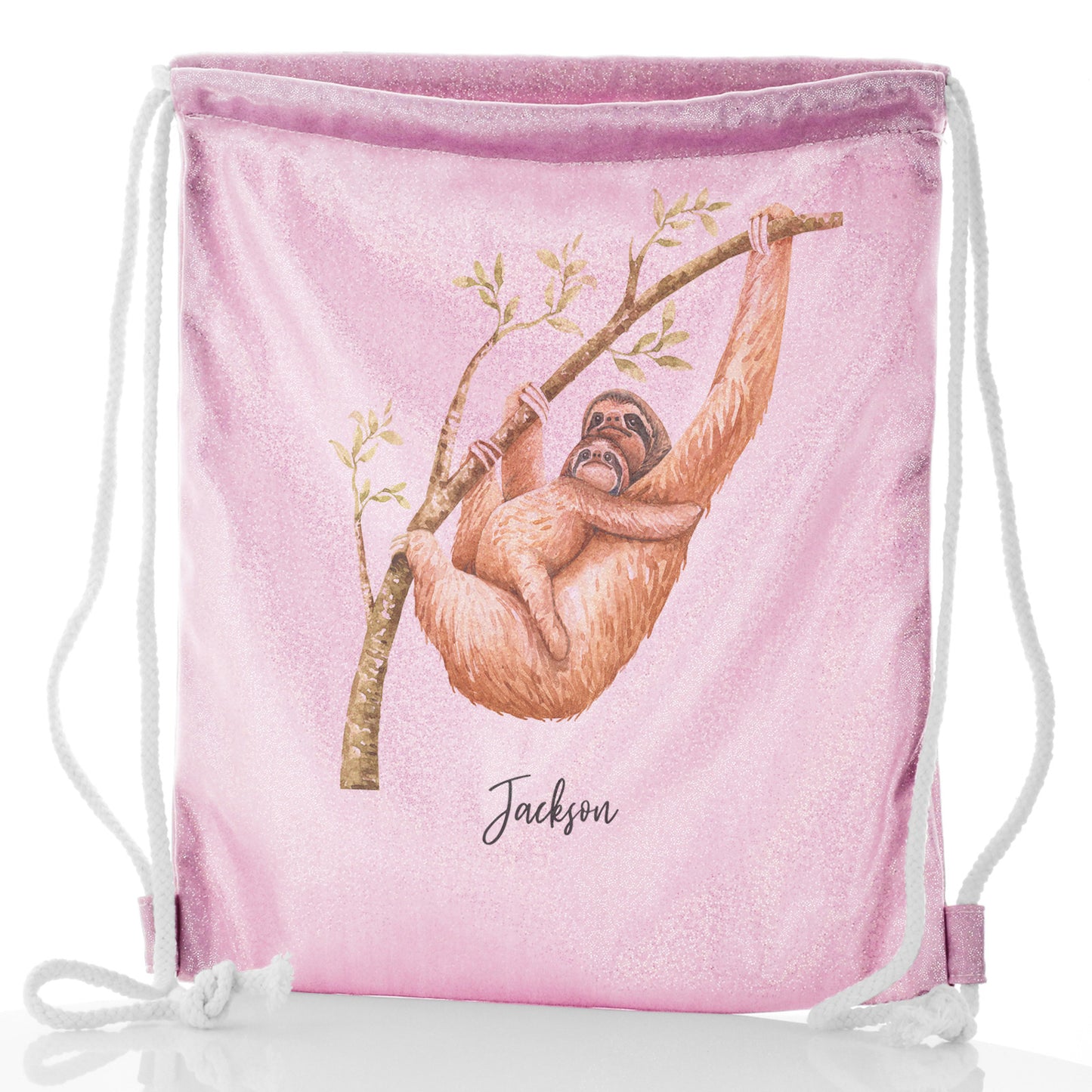 Personalisierter Glitzer-Rucksack mit Kordelzug, Begrüßungstext und kletternden Faultieren für Mama und Baby