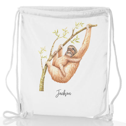 Personalised Glitter Drawstring Backpack with Welcoming Text and Climbing Mum and Baby Sloths