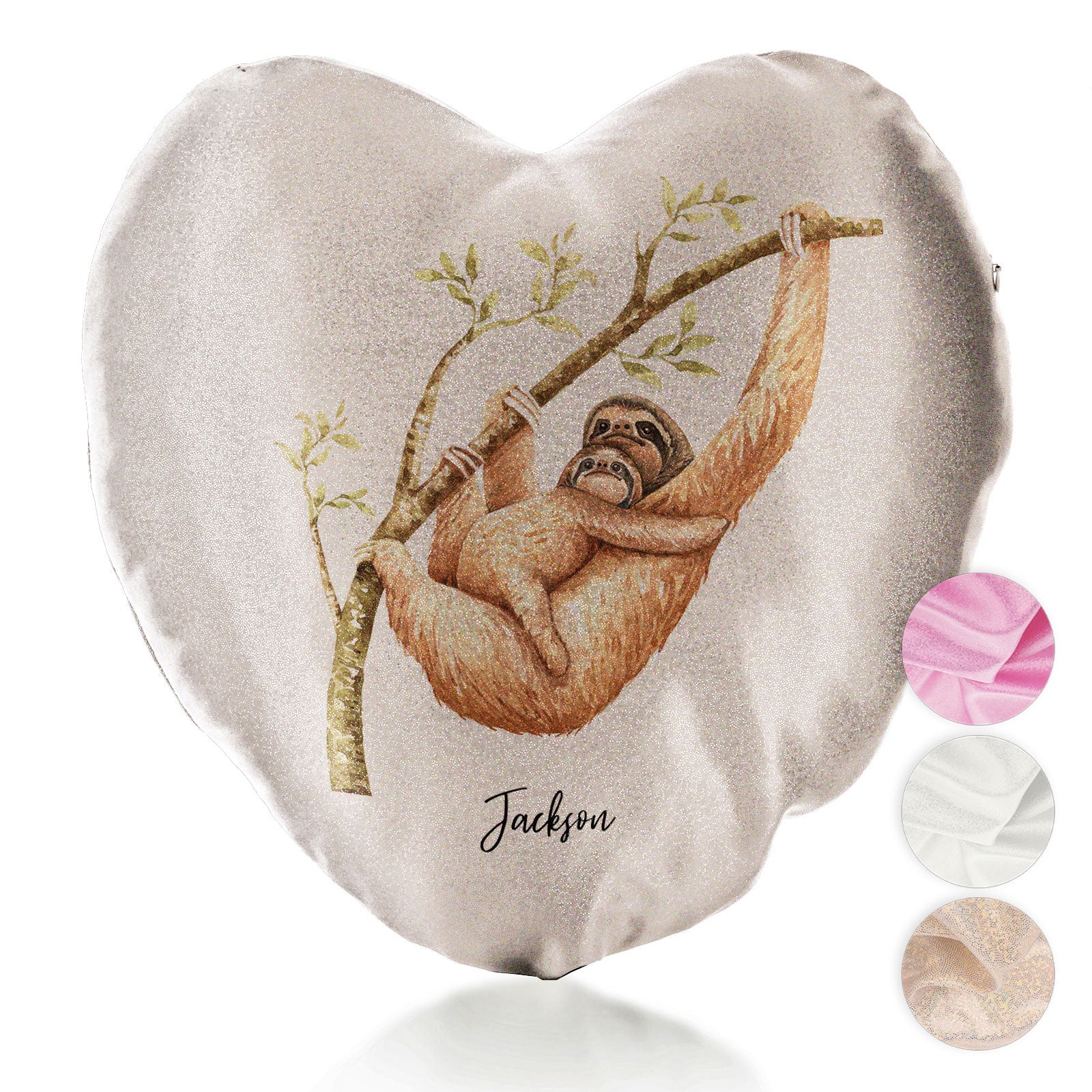 Personalised Glitter Heart Cushion with Welcoming Text and Climbing Mum and Baby Sloths