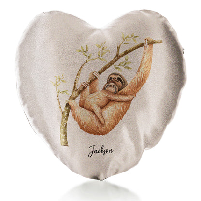 Personalised Glitter Heart Cushion with Welcoming Text and Climbing Mum and Baby Sloths