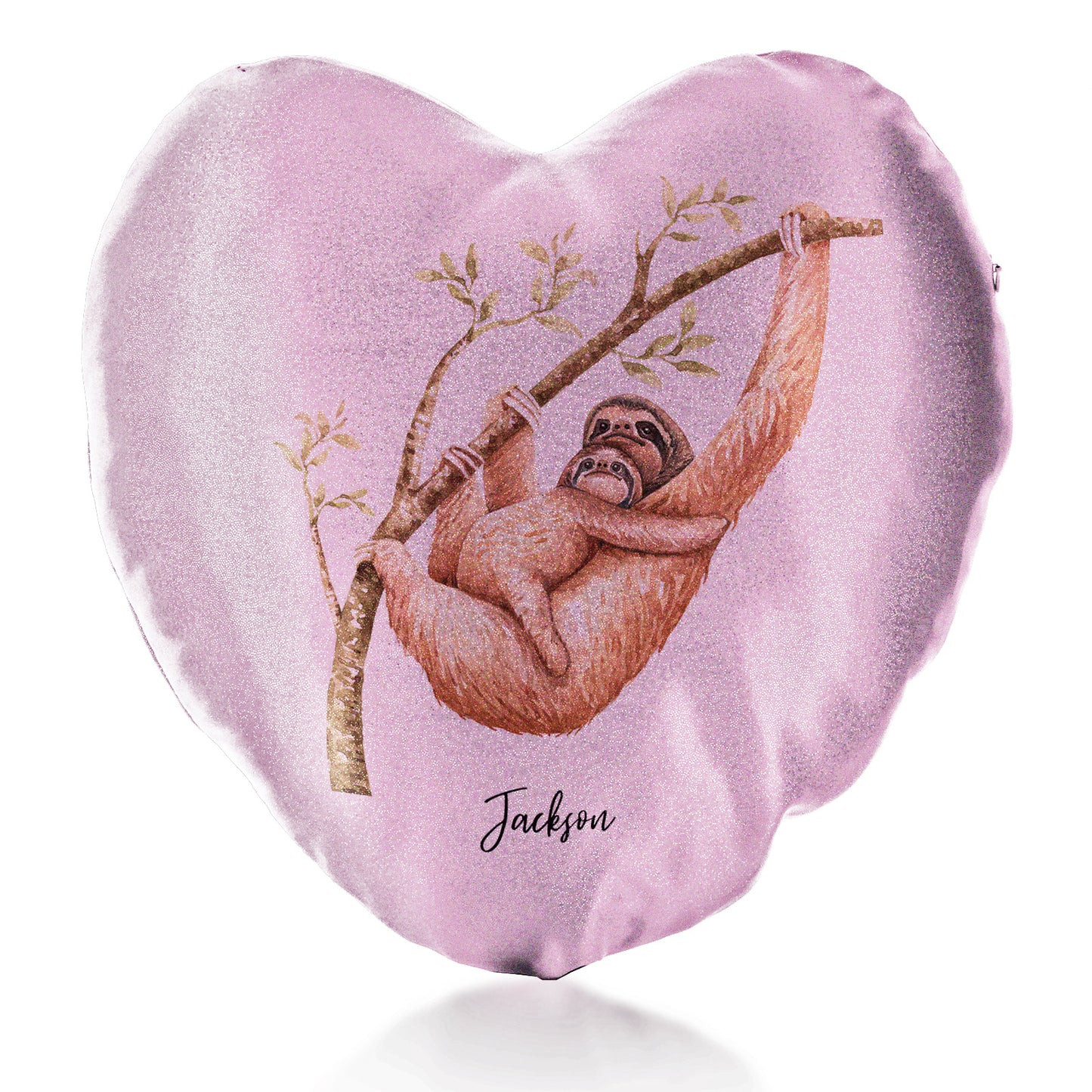 Personalised Glitter Heart Cushion with Welcoming Text and Climbing Mum and Baby Sloths