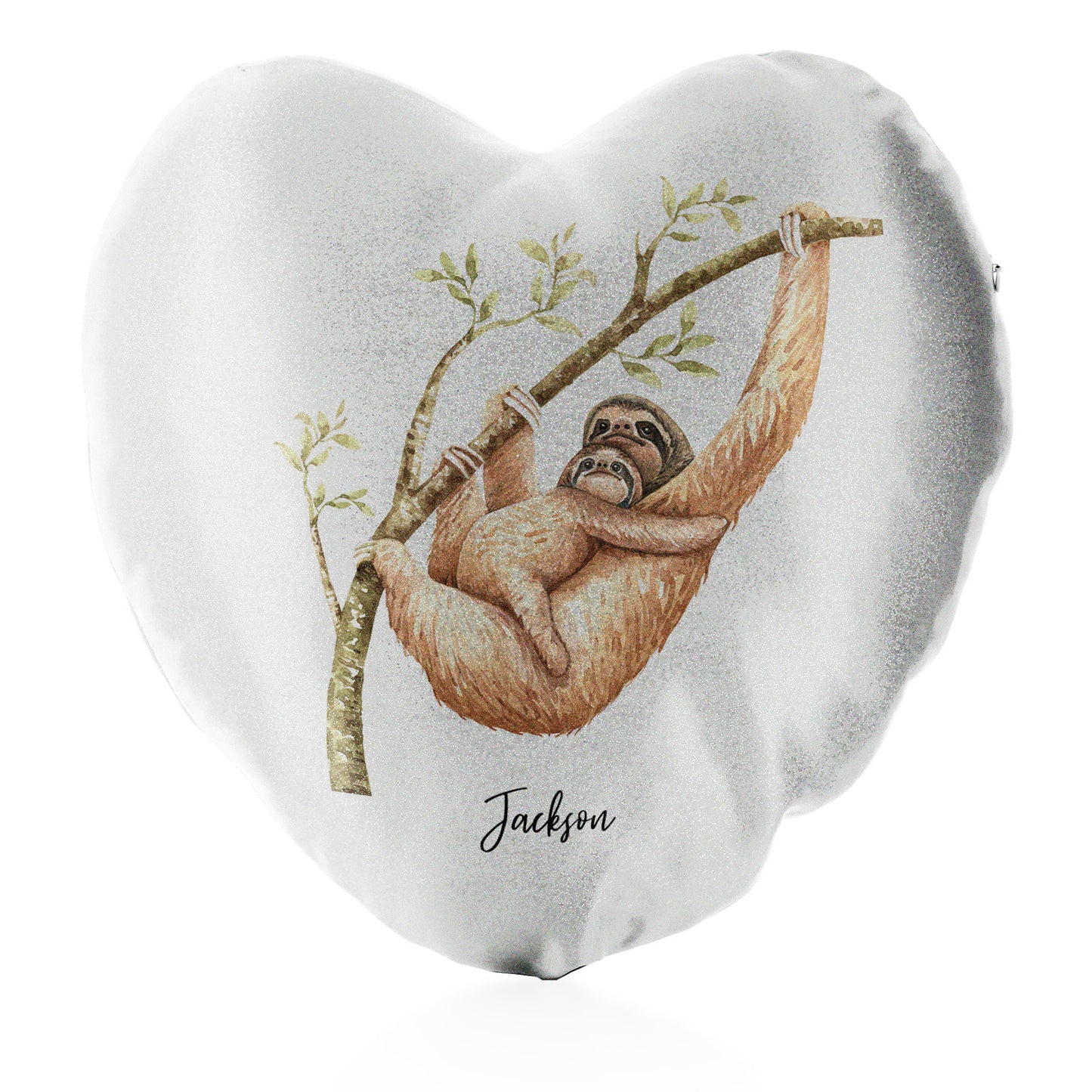 Personalised Glitter Heart Cushion with Welcoming Text and Climbing Mum and Baby Sloths