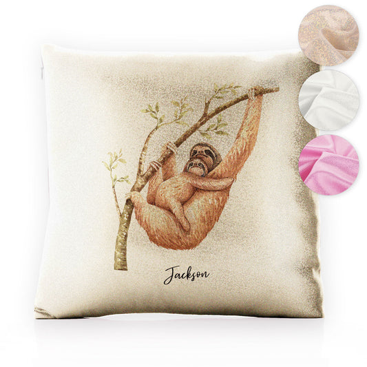 Personalised Glitter Cushion with Welcoming Text and Climbing Mum and Baby Sloths