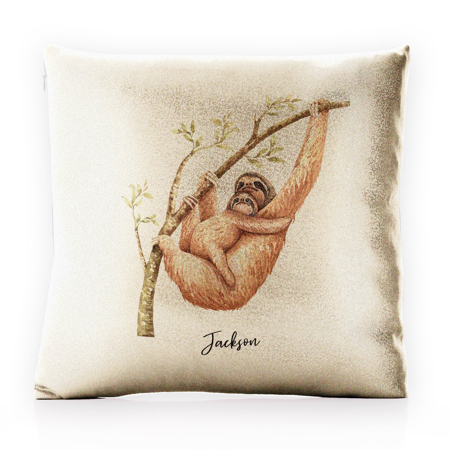 Personalised Glitter Cushion with Welcoming Text and Climbing Mum and Baby Sloths