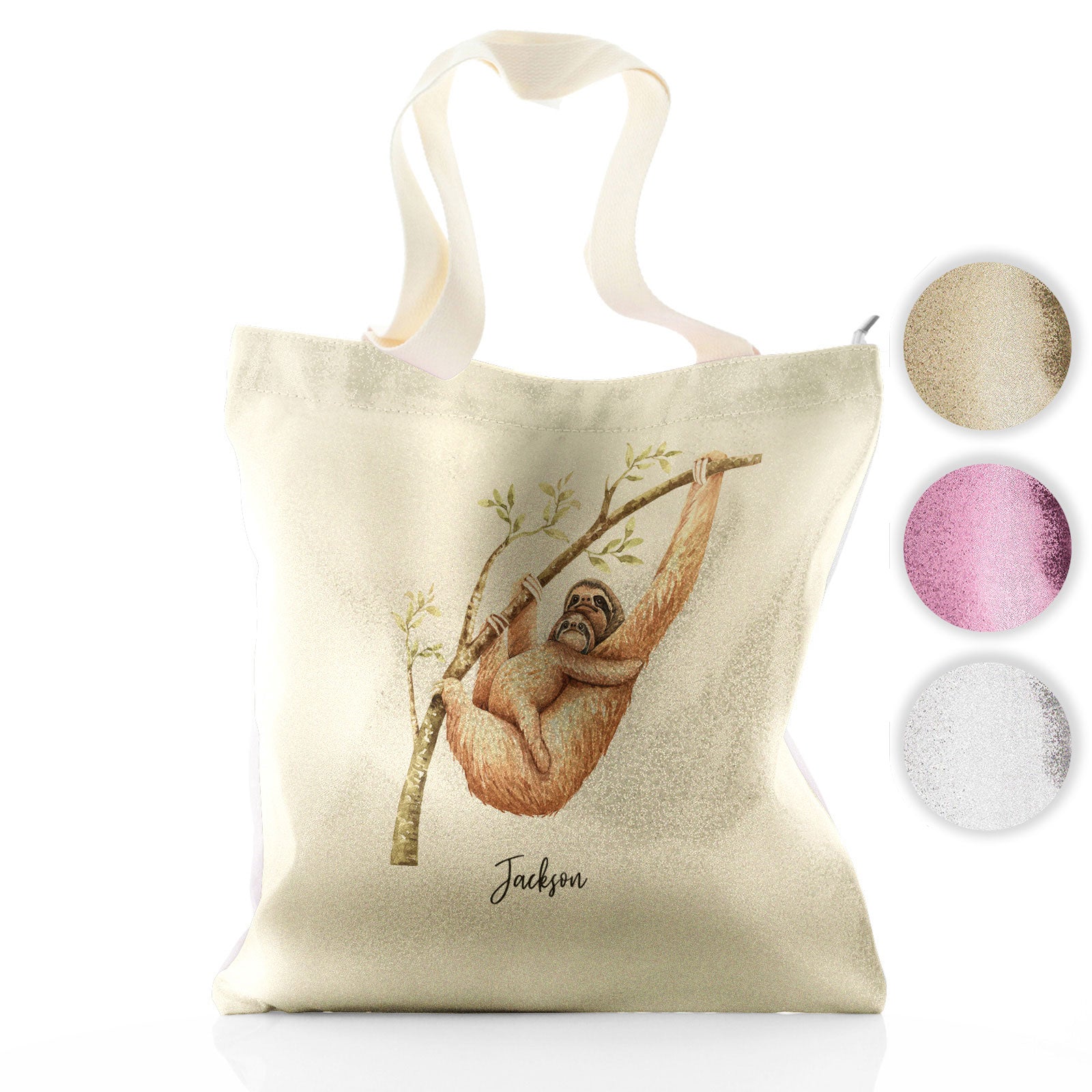 Personalised Glitter Tote Bag with Welcoming Text and Climbing Mum and Baby Sloths