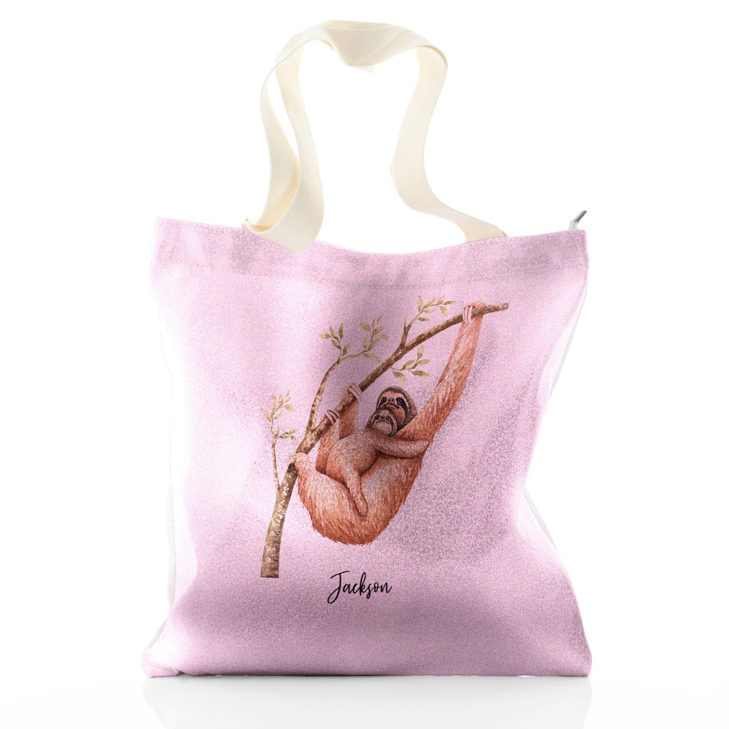 Personalised Glitter Tote Bag with Welcoming Text and Climbing Mum and Baby Sloths