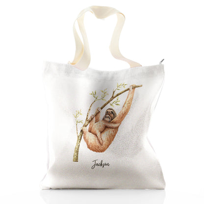 Personalisierte Glitzer-Einkaufstasche mit Begrüßungstext und kletternden Faultieren für Mama und Baby