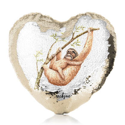 Personalisiertes Pailletten-Herzkissen mit Begrüßungstext und kletternden Mutter- und Babyfaultieren