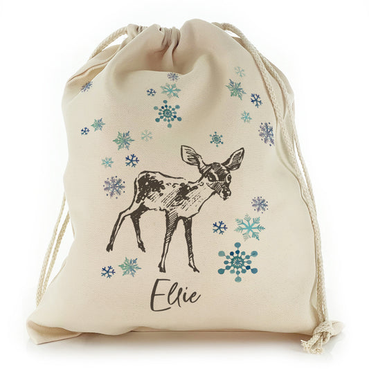 Personalised Canvas Sack with Stylish Text and Deer Snowflakes Sketch