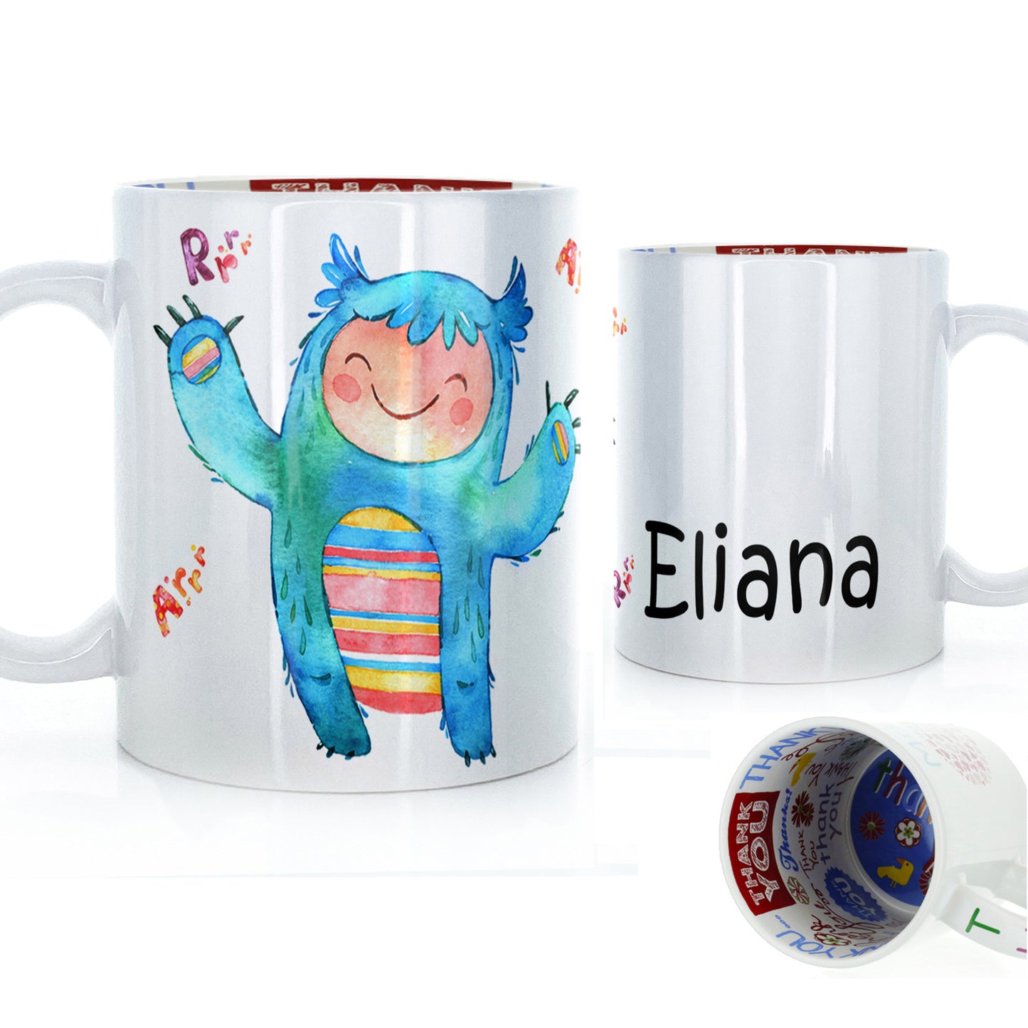 Personalised Mug with Childish Text and Furry Growling Blue Monster