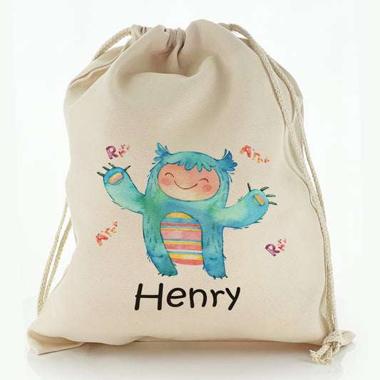 Personalised Canvas Sack with Childish Text and Furry Growling Blue Monster