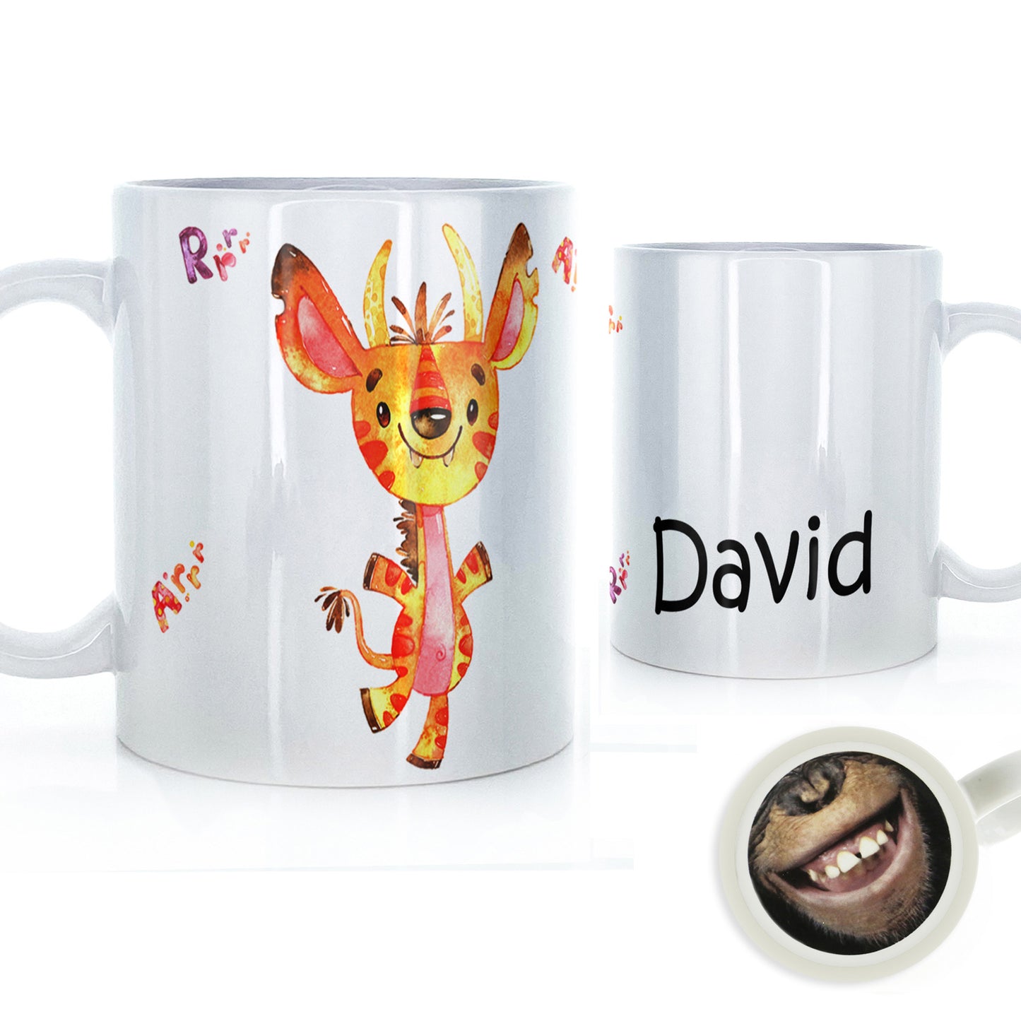 Personalised Mug with Childish Text and Horned Growling Orange Monster