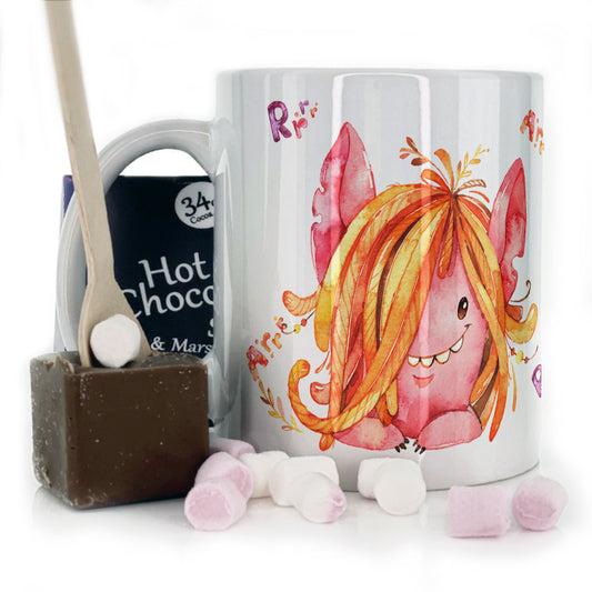 Personalised Mug with Childish Text and Hairy Growling Red Monster