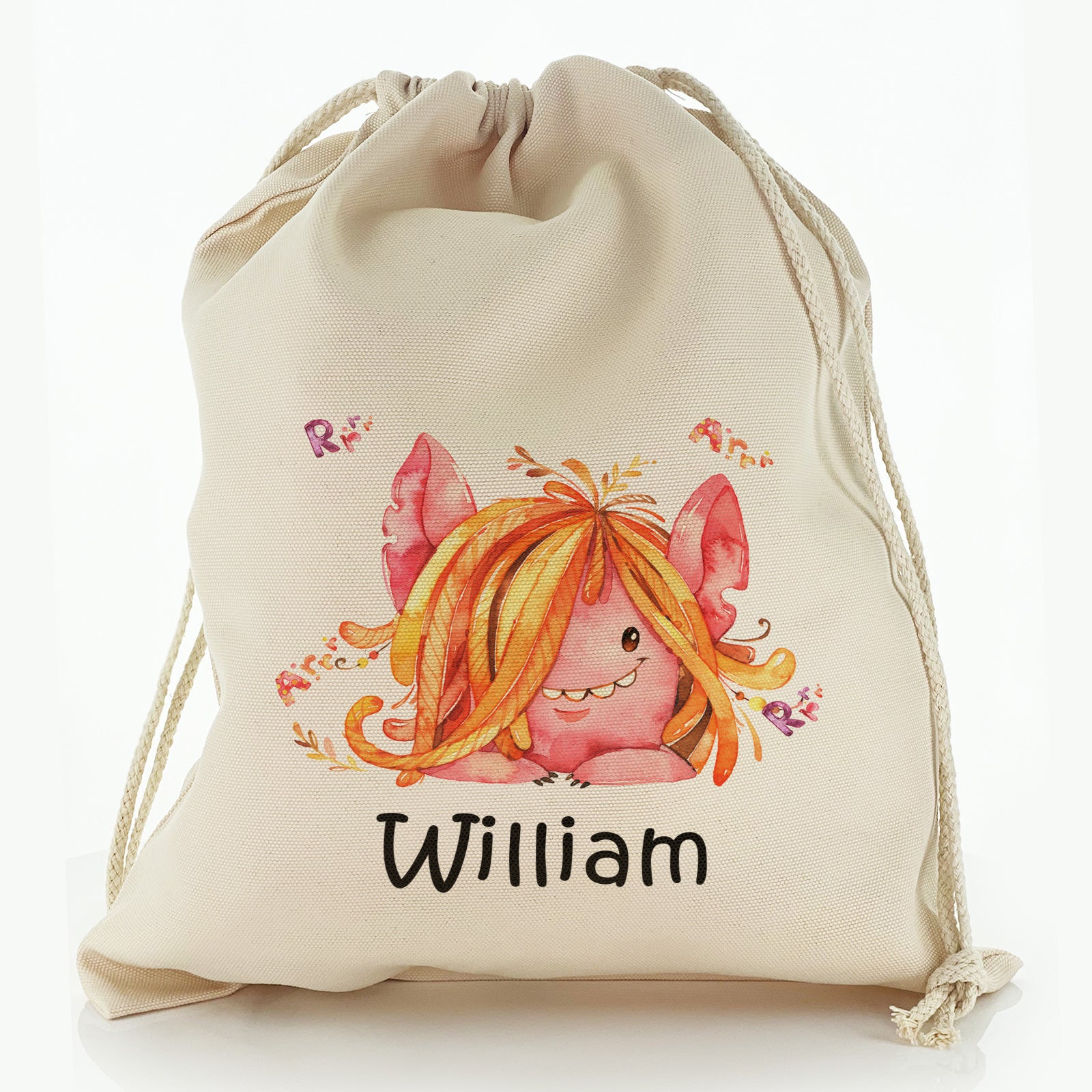 Personalised Canvas Sack with Childish Text and Hairy Growling Red Monster